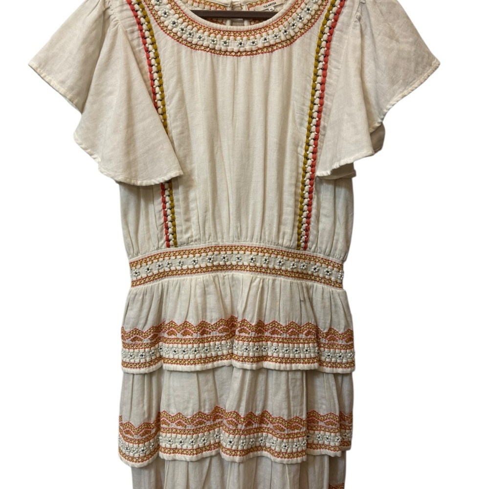Revolve Tularosa 100% Cotton Beaded Ruffle Mini Dress Boho Festival Summer - Picture 2 of 10